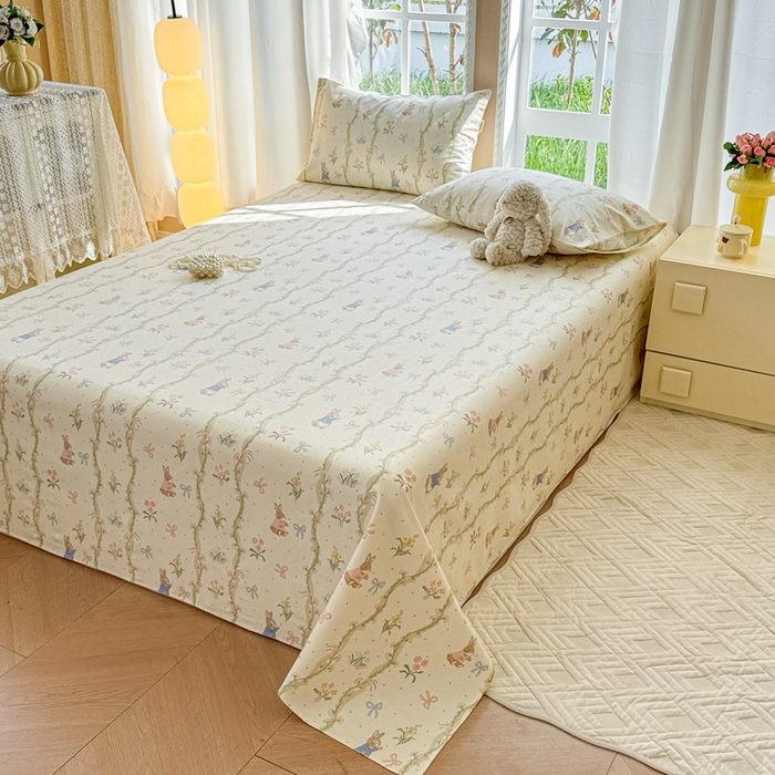 91家纺网 家纺一手货源 找家纺 吉象家纺 2025新款老粗布三件套-床单款 蔓藤兔