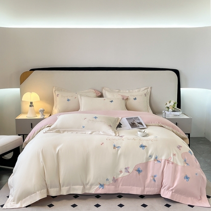 91家纺网 家纺一手货源 找家纺 2025新款青柚蝶影磨毛刺绣四件套 蝶影-白粉