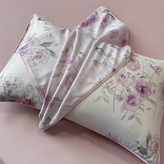 91家纺网 家纺一手货源 找家纺 洺兰家居 2025春夏新款100支莱赛尔天丝贡缎数码印花麻绳款四件套高端礼盒 春晓紫