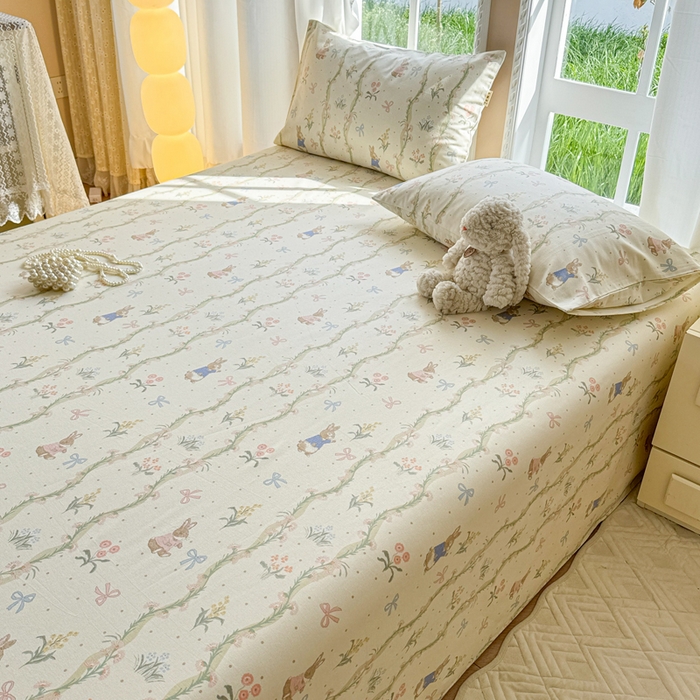 91家纺网 家纺一手货源 找家纺 吉象家纺 2025新款老粗布三件套-床单款 蔓藤兔