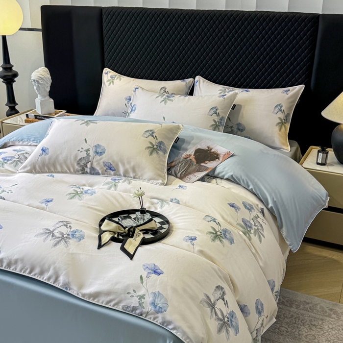 91家纺网 家纺一手货源 找家纺 芊寻家居 2025春夏新款50支莱赛尔天丝贡缎数码印花麻绳款四件套高端礼盒 流年兰