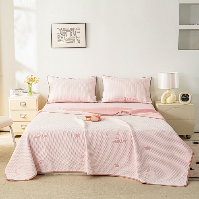 91家纺网 家纺一手货源 找家纺 梦初语 2025新款A类华夫格冰豆豆夏被子针织提花凉感夏凉被单双人空调被可机水洗 卡皮巴拉熊-粉