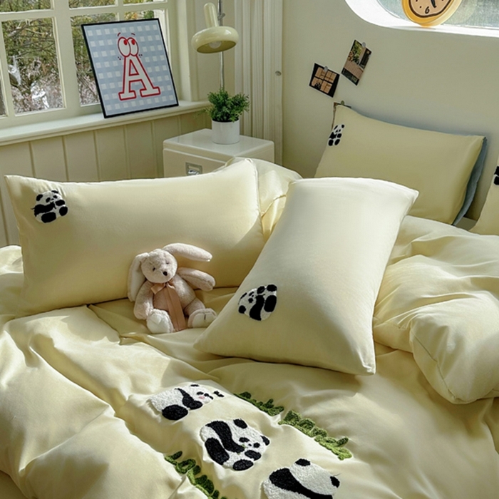 91家纺网 家纺一手货源 找家纺 易展家居 2025新款加厚水洗棉四件套-熊猫 春黄