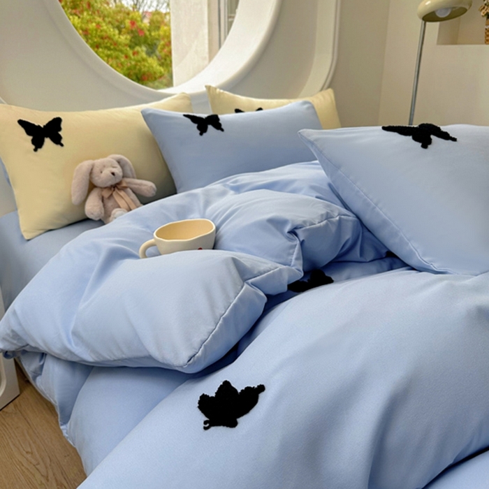 91家纺网 家纺一手货源 找家纺 迪拜家纺 2025新款加厚水洗棉四件套-蝴蝶 蝴蝶-蓝