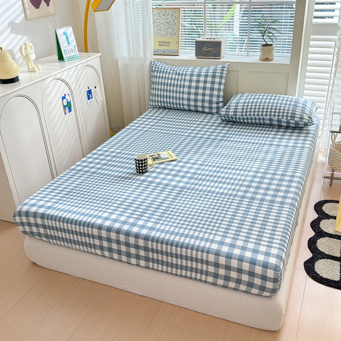 91家纺网 家纺一手货源 找家纺 2025新款老粗布三件套-床笠款 蓝格