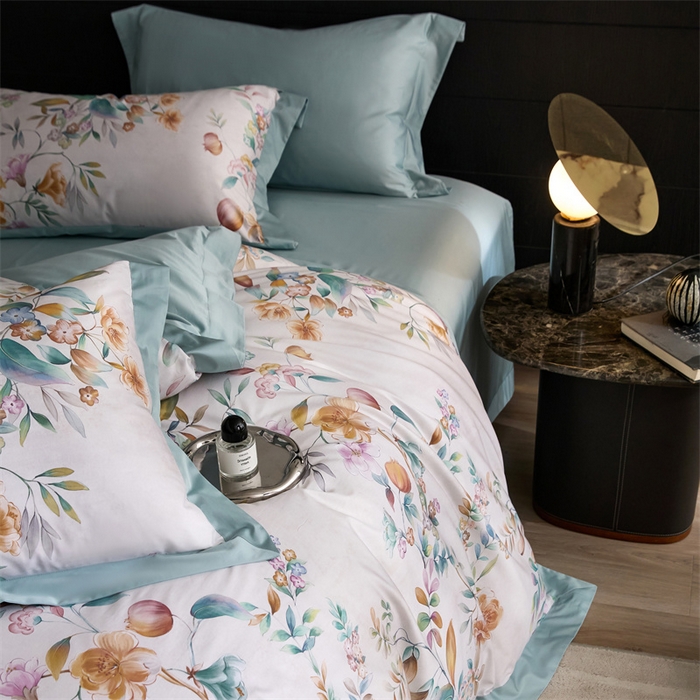 91家纺网 家纺一手货源 找家纺 宏羽纺家纺 2025年高支高密大版数码印花春夏新品 花家境-梦境绿