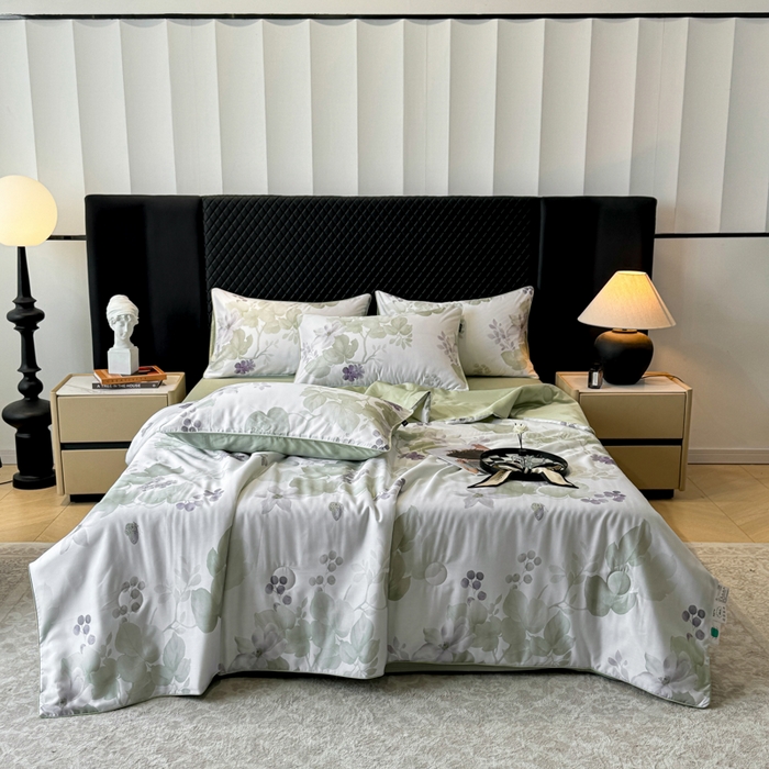 91家纺网 家纺一手货源 找家纺 洺兰家居 2025春夏新款100支莱赛尔天丝贡缎数码印花麻绳款四件套高端礼盒 翠影绿