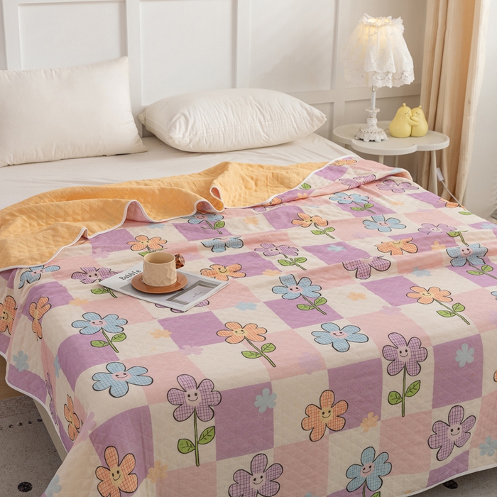 91家纺网 家纺一手货源 找家纺 乐家毛巾被（工厂自产自销） 2025新款A类全棉六层纱印花毛巾被 格子花花