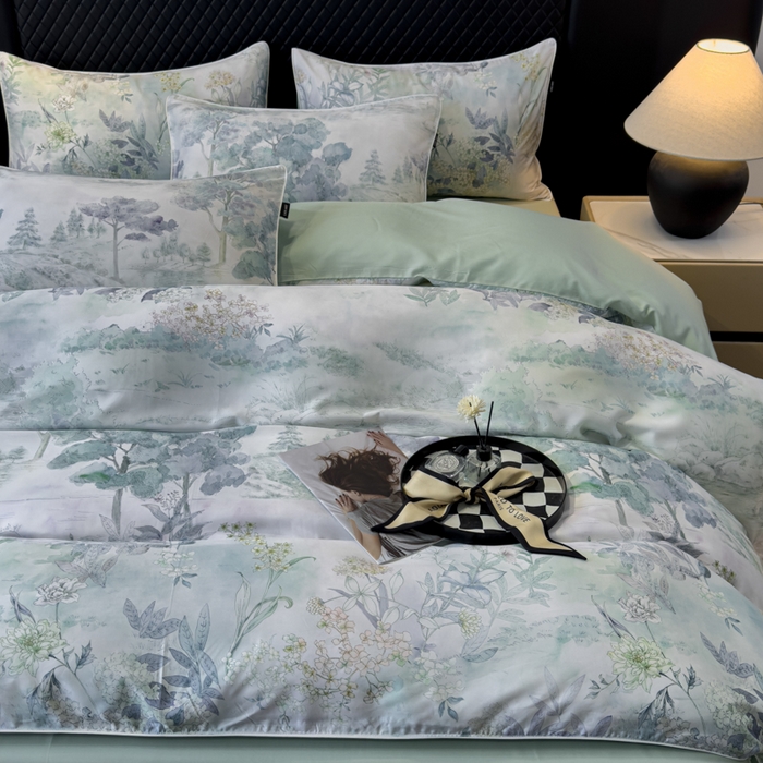 91家纺网 家纺一手货源 找家纺 洺兰家居 2025春夏新款100支莱赛尔天丝贡缎数码印花麻绳款四件套高端礼盒 远山黛兰绿