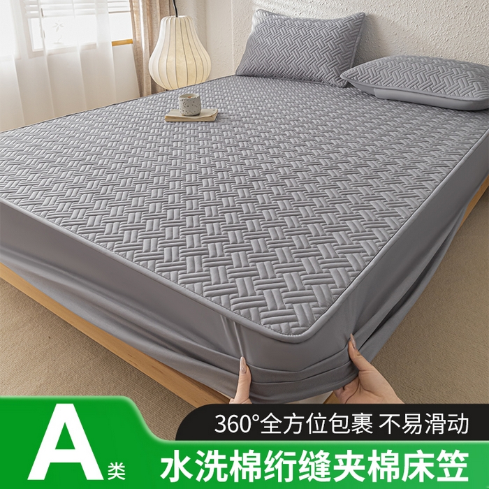 91家纺网 家纺一手货源 找家纺 欧邦 2025新款四季款纯色水洗棉夹棉床笠床垫保护罩-场景一 条格-中灰