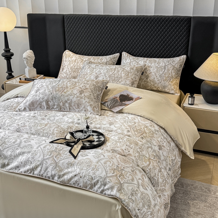 91家纺网 家纺一手货源 找家纺 （总）芊寻家居 2025春夏新款50支莱赛尔天丝贡缎数码印花麻绳款四件套高端礼盒