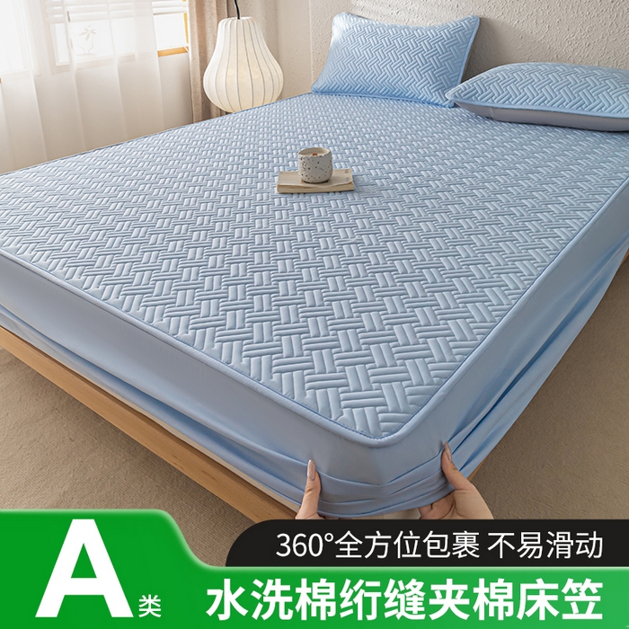 91家纺网 家纺一手货源 找家纺 欧邦 2025新款四季款纯色水洗棉夹棉床笠床垫保护罩-场景一 条格-天蓝