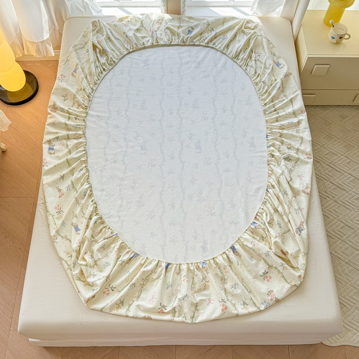 91家纺网 家纺一手货源 找家纺 2025新款老粗布三件套-床笠款 蔓藤兔