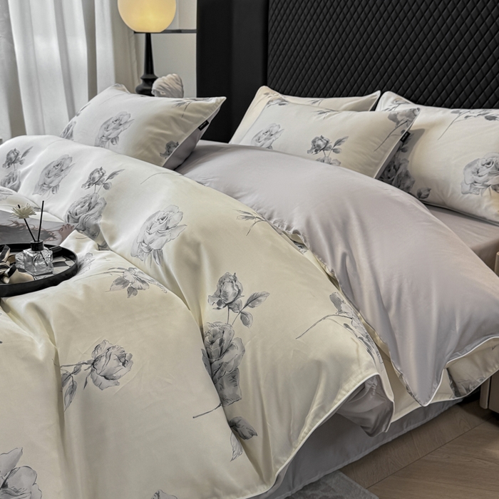 91家纺网 家纺一手货源 找家纺 洺兰家居 2025春夏新款100支莱赛尔天丝贡缎数码印花麻绳款四件套高端礼盒 瑰丽灰