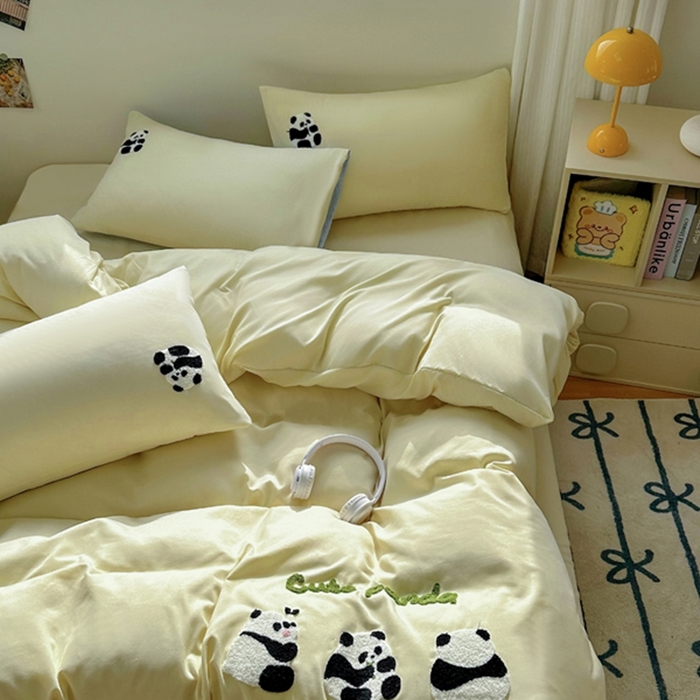 91家纺网 家纺一手货源 找家纺 易展家居 2025新款加厚水洗棉四件套-熊猫 春黄