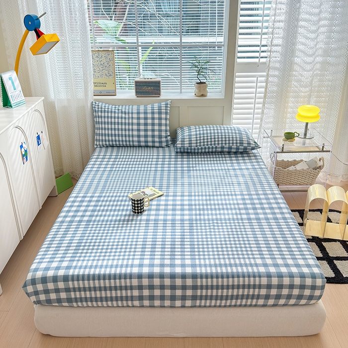 91家纺网 家纺一手货源 找家纺 2025新款老粗布三件套-床笠款 蓝格