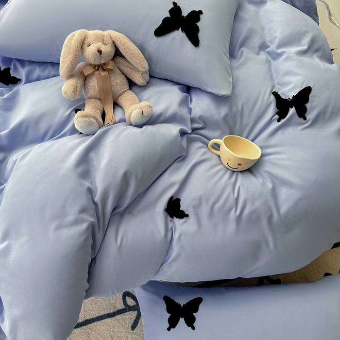 91家纺网 家纺一手货源 找家纺 迪拜家纺 2025新款加厚水洗棉四件套-蝴蝶 蝴蝶-蓝