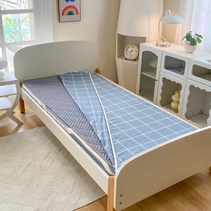 凌云家纺 2025新款A类全棉水洗棉床垫套 蓝灰中格