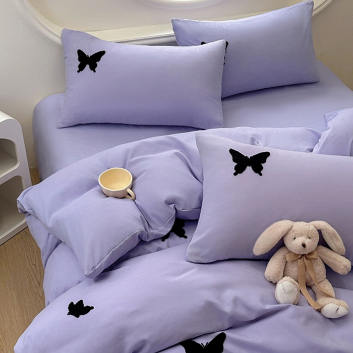 91家纺网 家纺一手货源 找家纺 迪拜家纺 2025新款加厚水洗棉四件套-蝴蝶 蝴蝶-紫