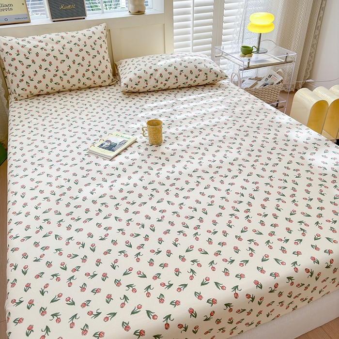 91家纺网 家纺一手货源 找家纺 2025新款老粗布三件套-床笠款 朵朵郁金香