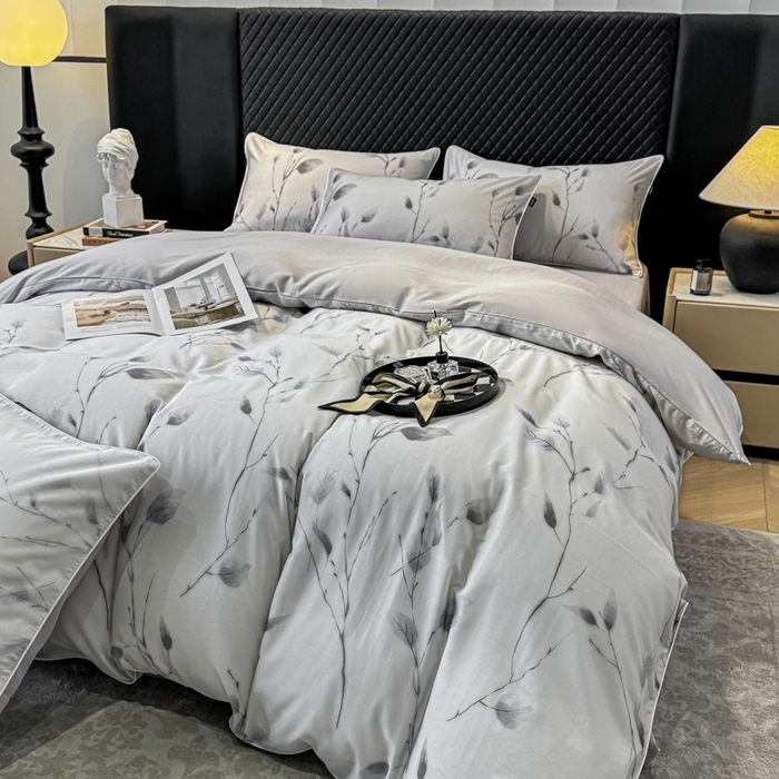 91家纺网 家纺一手货源 找家纺 芊寻家居 2025春夏新款50支莱赛尔天丝贡缎数码印花麻绳款四件套高端礼盒 静谧灰