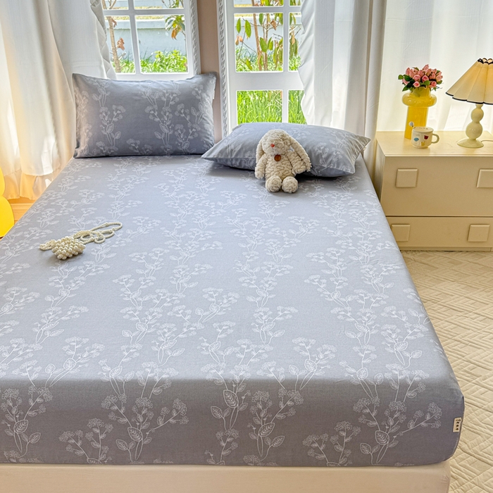 91家纺网 家纺一手货源 找家纺 2025新款老粗布三件套-床笠款 叶相思