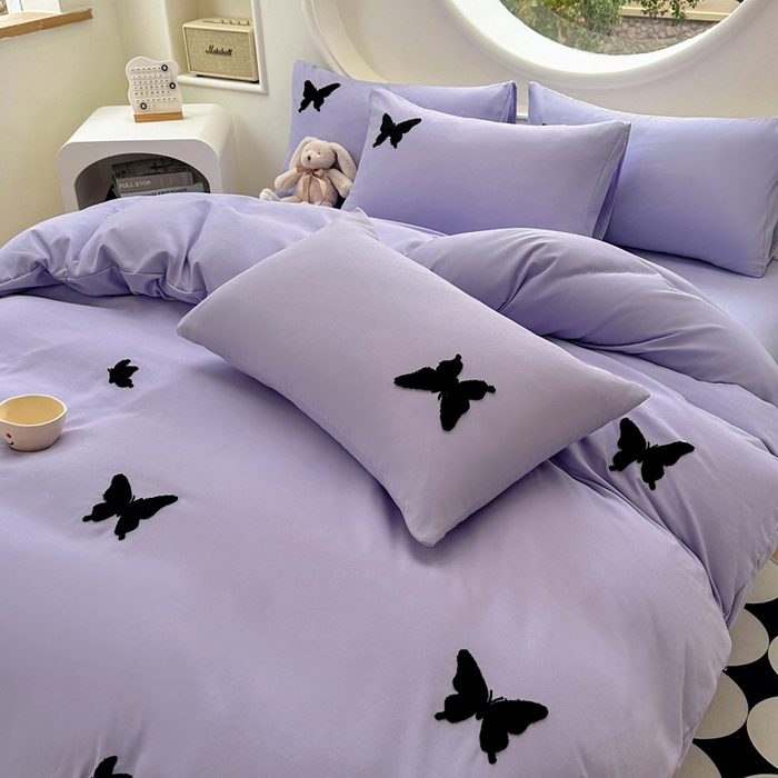 91家纺网 家纺一手货源 找家纺 迪拜家纺 2025新款加厚水洗棉四件套-蝴蝶 蝴蝶-紫