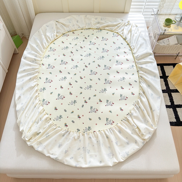 91家纺网 家纺一手货源 找家纺 2025新款老粗布三件套-床笠款 花园兔