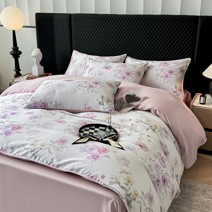 91家纺网 家纺一手货源 找家纺 洺兰家居 2025春夏新款100支莱赛尔天丝贡缎数码印花麻绳款四件套高端礼盒 春晓紫