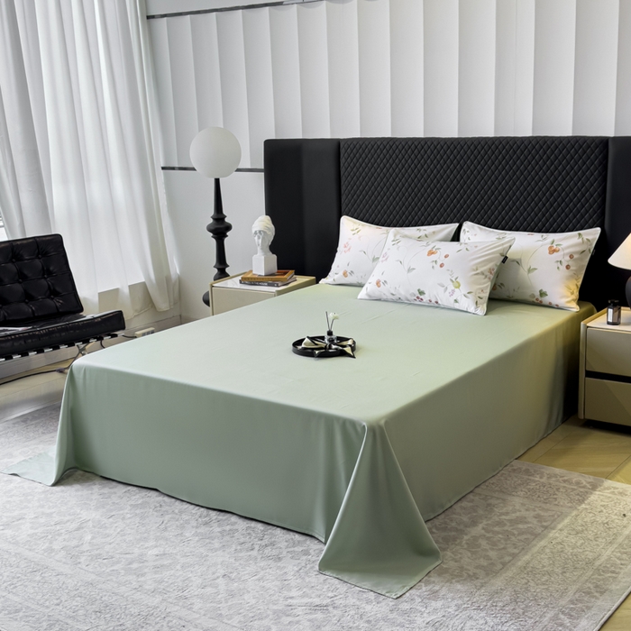 91家纺网 家纺一手货源 找家纺 洺兰家居 2025春夏新款100支莱赛尔天丝贡缎数码印花麻绳款四件套高端礼盒 果蔓白