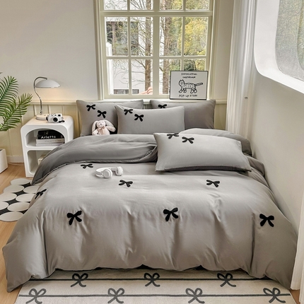 91家纺网 家纺一手货源 找家纺 迪拜家纺 2025新款加厚水洗棉四件套-蝴蝶结 蝴蝶结-灰