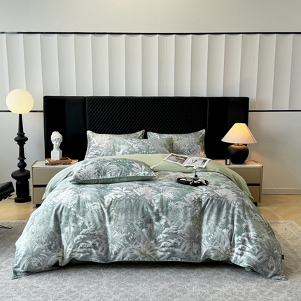 芊寻家居 2025春夏新款50支莱赛尔天丝贡缎数码印花麻绳款四件套高端礼盒 阡陌丛林灰