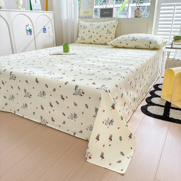 91家纺网 家纺一手货源 找家纺 吉象家纺 2025新款老粗布三件套-床单款 花园兔