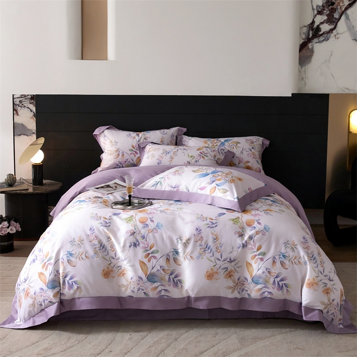 91家纺网 家纺一手货源 找家纺 宏羽纺家纺 2025年高支高密大版数码印花春夏新品 花家境-风铃紫