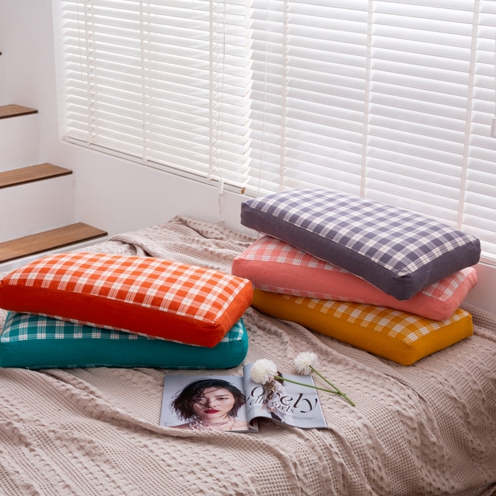 91家纺网 家纺一手货源 找家纺 明星枕业 2025新款水洗棉格子长方枕荞麦枕 布丁格橘30*60/只