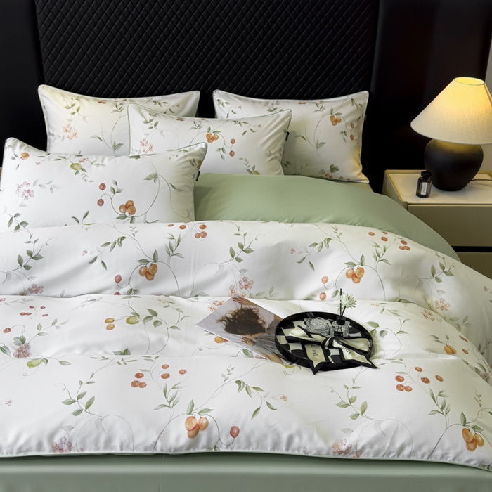 91家纺网 家纺一手货源 找家纺 洺兰家居 2025春夏新款100支莱赛尔天丝贡缎数码印花麻绳款四件套高端礼盒 果蔓白