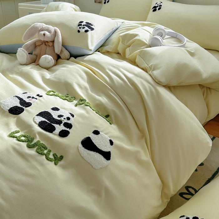 91家纺网 家纺一手货源 找家纺 易展家居 2025新款加厚水洗棉四件套-熊猫 春黄
