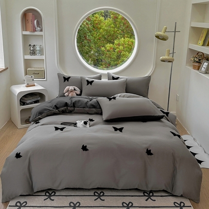 易展家居 2025新款加厚水洗棉四件套-蝴蝶 蝴蝶-灰