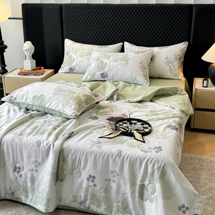 91家纺网 家纺一手货源 找家纺 芊寻家居 2025春夏新款50支莱赛尔天丝贡缎数码印花麻绳款四件套高端礼盒 翠影绿