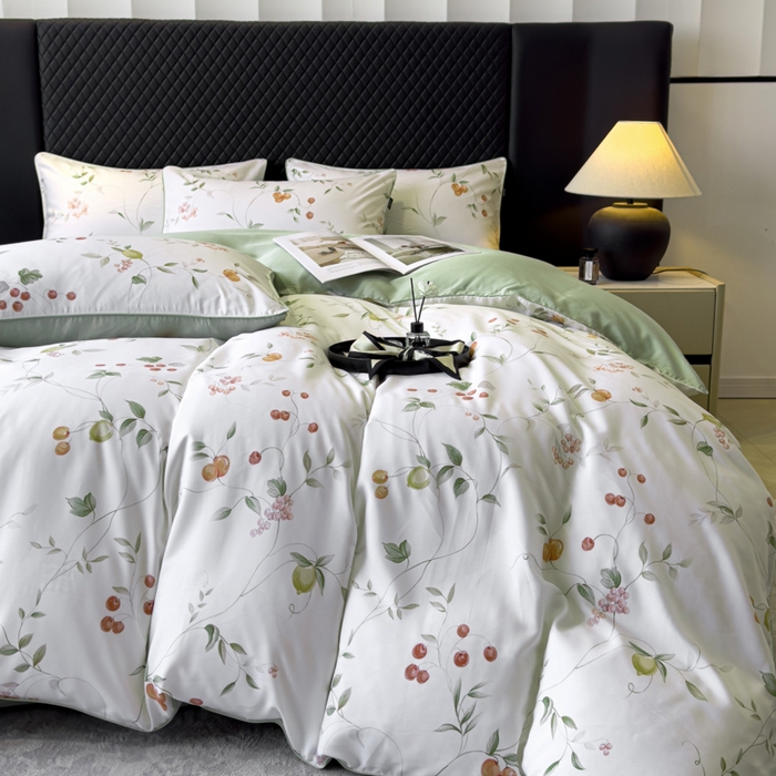 91家纺网 家纺一手货源 找家纺 洺兰家居 2025春夏新款100支莱赛尔天丝贡缎数码印花麻绳款四件套高端礼盒 果蔓白