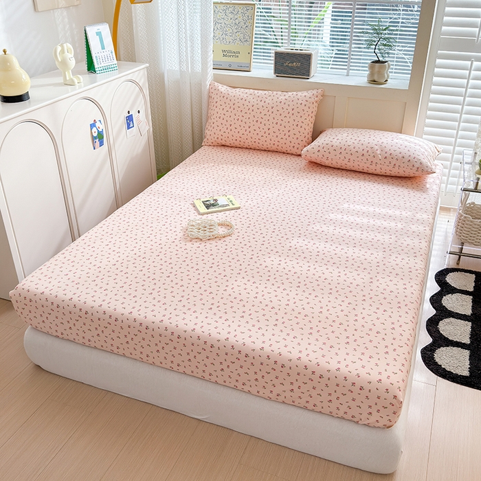 91家纺网 家纺一手货源 找家纺 2025新款老粗布三件套-床笠款 粉玫瑰