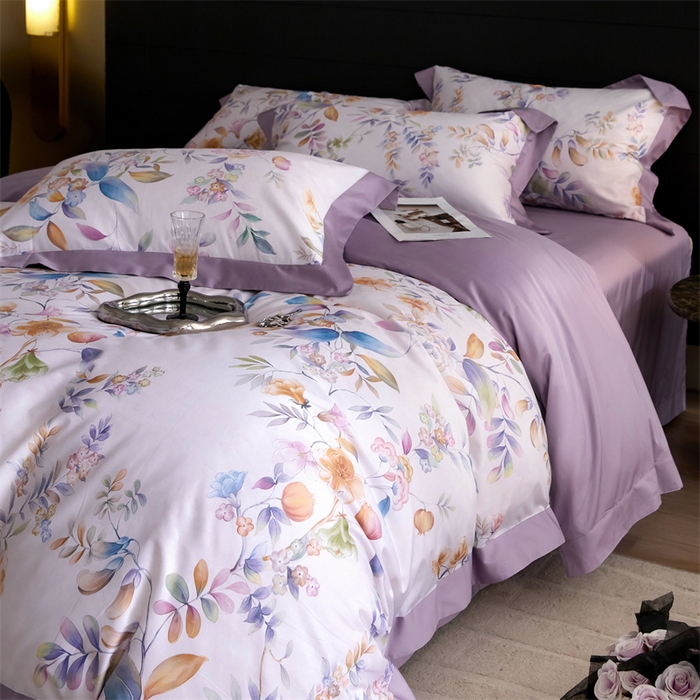 91家纺网 家纺一手货源 找家纺 宏羽纺家纺 2025年高支高密大版数码印花春夏新品 花家境-风铃紫