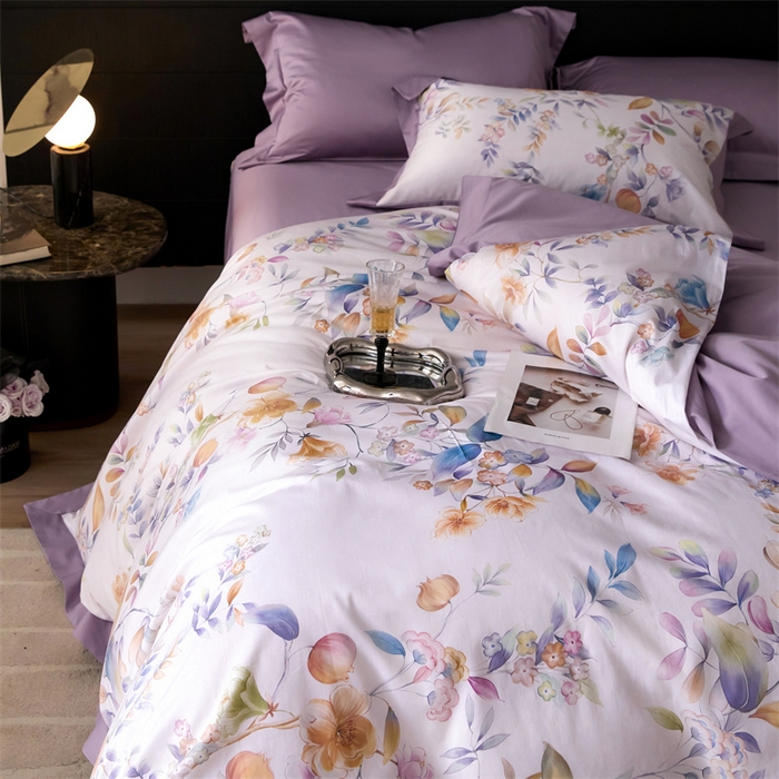 91家纺网 家纺一手货源 找家纺 宏羽纺家纺 2025年高支高密大版数码印花春夏新品 花家境-风铃紫