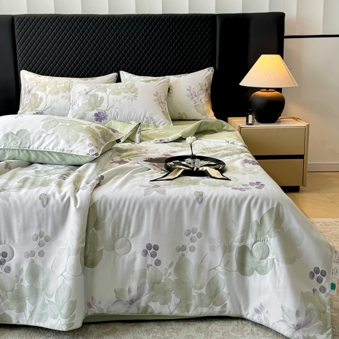 91家纺网 家纺一手货源 找家纺 芊寻家居 2025春夏新款50支莱赛尔天丝贡缎数码印花麻绳款四件套高端礼盒 翠影绿