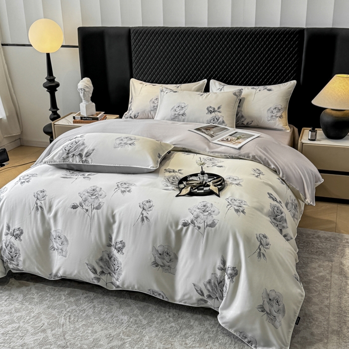 91家纺网 家纺一手货源 找家纺 洺兰家居 2025春夏新款100支莱赛尔天丝贡缎数码印花麻绳款四件套高端礼盒 瑰丽灰