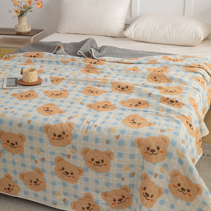 91家纺网 家纺一手货源 找家纺 乐家毛巾被（工厂自产自销） 2025新款A类全棉六层纱印花毛巾被 黄油小熊