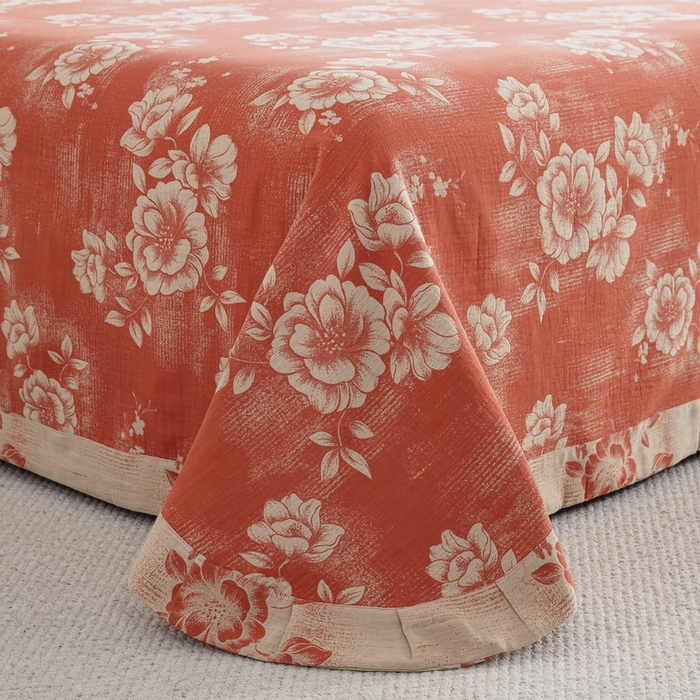 91家纺网 家纺一手货源 找家纺 鲁爱家纺供货 2025新款全棉色织双层纱纽扣款四件套 云纱-桔红