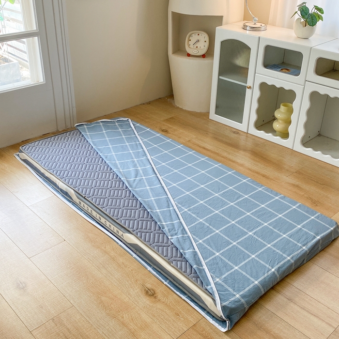 91家纺网 家纺一手货源 找家纺 凌云家纺 2025新款A类全棉水洗棉床垫套 蓝灰中格