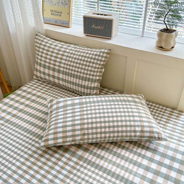 91家纺网 家纺一手货源 找家纺 2025新款老粗布三件套-床笠款 绿格