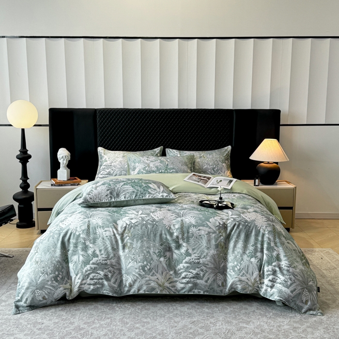 91家纺网 家纺一手货源 找家纺 洺兰家居 2025春夏新款100支莱赛尔天丝贡缎数码印花麻绳款四件套高端礼盒 阡陌丛林灰